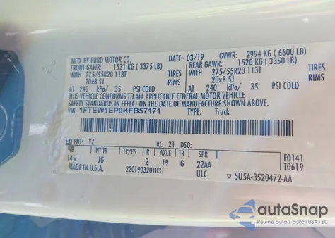 2019 Ford F-150 Xl z USA, uszkodzony, nr VIN 1FTEW1EP9KFB57171